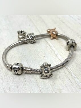 PANDORA “plush” themed 5 charms sterling silver bracelet
